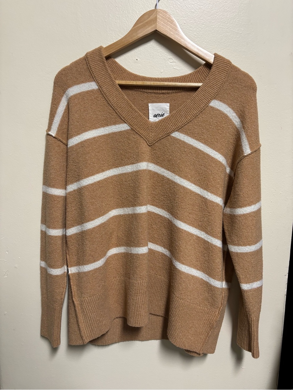 aerie Tan and Cream Striped V-Neck Sweater